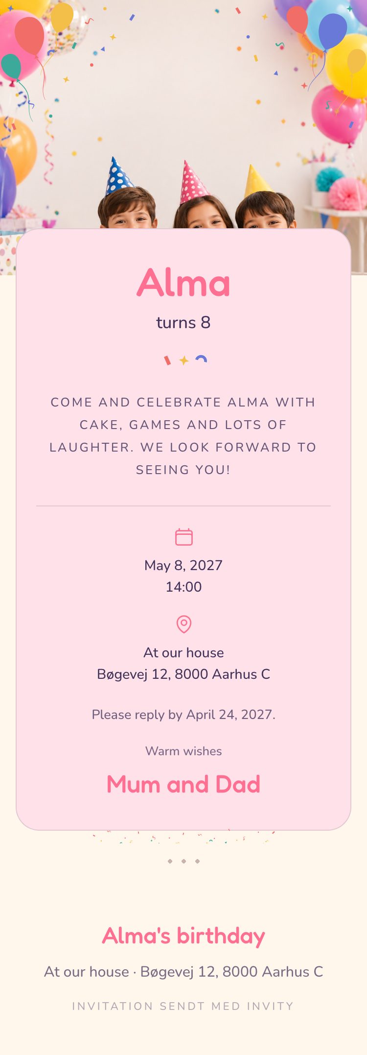 Example of an invitation to Alma's birthday, with a number at each field.