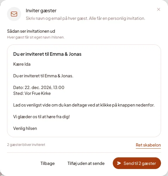 Forhåndsvisning af invitationsmailen med gæstens navn, dato og sted.